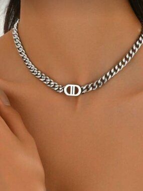 Silver Plated Stainless Steel Cuban Chain Link Necklace